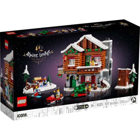 LEGO® ICONS™ 10325 Alpesi házikó, karácsonyi falu, 21 x 24 x 16 cm 3 szintes ház ünnepi díszítésű vendégszobával, izzó kandallóval és korcsolyapályával, motors szánnal és karácsonyfával