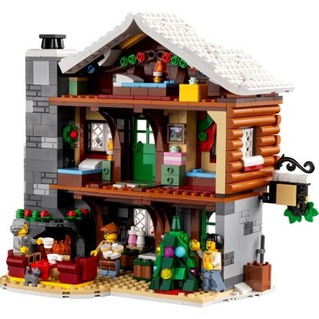 LEGO® ICONS™ 10325 Alpesi házikó, karácsonyi falu, 21 x 24 x 16 cm 3 szintes ház ünnepi díszítésű vendégszobával, izzó kandallóval és korcsolyapályával, motors szánnal és karácsonyfával