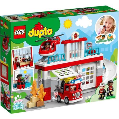 LEGO® 10970 DUPLO® Tűzoltóállomás és helikopter, Fire Station 117 elemű építőkocka készlet 3 éves kortól, told és indul tűzoltóautóval, létrával, fényekkel és szirénával