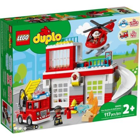 LEGO® 10970 DUPLO® Tűzoltóállomás és helikopter, Fire Station 117 elemű építőkocka készlet 3 éves kortól, told és indul tűzoltóautóval, létrával, fényekkel és szirénával