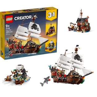   LEGO® Creator 31109 Kalózhajó 3 az 1-ben 1260 elemű építőkocka készlet (klasszikus Kalózhajó, rusztikus Kalóz fogadó és rejtélyes Koponya - sziget)
