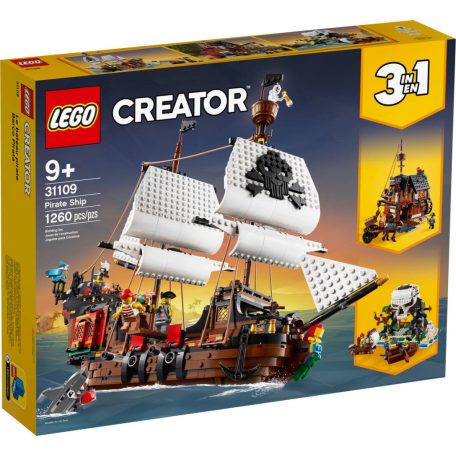LEGO® Creator 31109 Kalózhajó 3 az 1-ben 1260 elemű építőkocka készlet (klasszikus Kalózhajó, rusztikus Kalóz fogadó és rejtélyes Koponya - sziget)