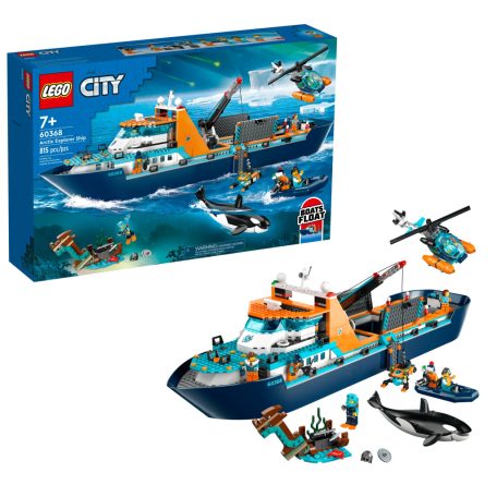 LEGO® City 60368 Sarkkutató hajó 815 elemű 19 x 71 x 17 cm építőkocka készlet helikopter, csónak, tengeralattjáró, vikinghajóroncs, kincsesláda, 7 minifigura, és kardszárnyú delfin kiegészítőkkel