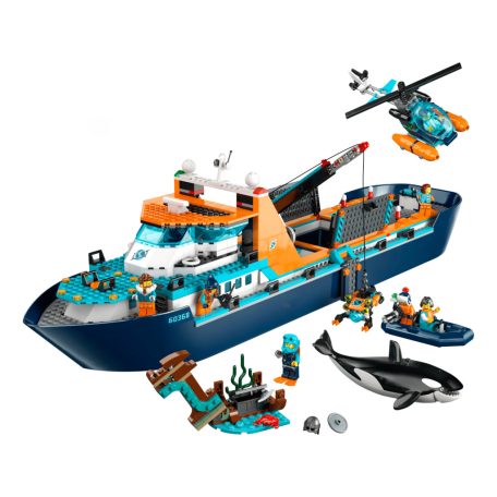 LEGO® City 60368 Sarkkutató hajó 815 elemű 19 x 71 x 17 cm építőkocka készlet helikopter, csónak, tengeralattjáró, vikinghajóroncs, kincsesláda, 7 minifigura, és kardszárnyú delfin kiegészítőkkel
