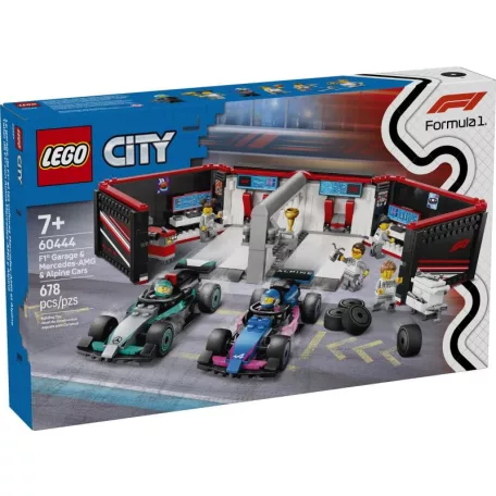 LEGO® City 60444 F1® (Forma 1-es) garázs, Mercedes - AMG és Alpine autók 678 elemű készlet 2 pilótával, 4 szerelő minifigurával