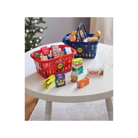 LIDL játék (gyermek) mini (26,5 x 18 x 12,8 cm) megtöltött bevásároló kosár, LIDL márkatermékekkel (üres dobozok)