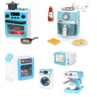   Little Kitchen 6 az 1-ben elemes, bekapcsolható játék háztartási gép csomag: Airfryer, sütő, mosogatógép, mosógép, kávéfőző és mikrohullámú sütő fény és hanghatásokkal