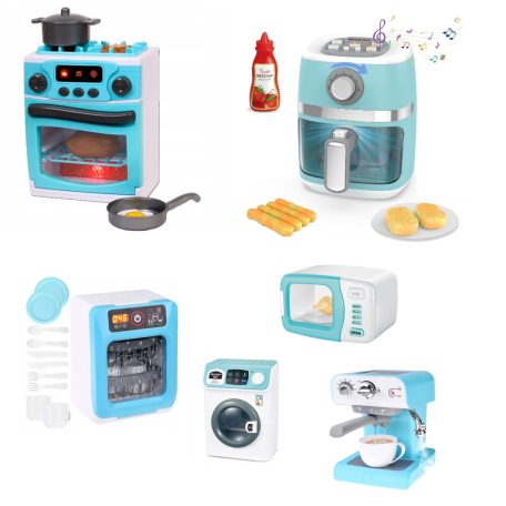 Little Kitchen 6 az 1-ben elemes, bekapcsolható játék háztartási gép csomag: Airfryer, sütő, mosogatógép, mosógép, kávéfőző és mikrohullámú sütő fény és hanghatásokkal