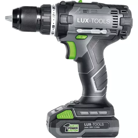 LUX-Tools Mobil Műhely 20V 35Nm akkus fúró, akkumulátoros csavarbehajtó 20V 2Ah akkuval, töltővel, kofferben, 76 részes fúrószár és bitfej készlettel (ABS-20MM) 