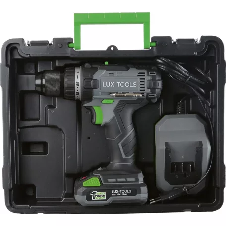 LUX-Tools Mobil Műhely 20V 35Nm akkus fúró, akkumulátoros csavarbehajtó 20V 2Ah akkuval, töltővel, kofferben, 76 részes fúrószár és bitfej készlettel (ABS-20MM) 