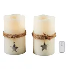 Livarno Home Dual Star 2 darabos 12.5 x 7.5 cm valódi viasz LED gyertya 6 órás időzítővel, távirányítóval, melegfehér pislákolgó élethű gyertyaláng effektussal