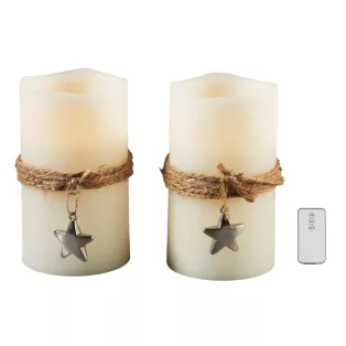   Livarno Home Dual Star 2 darabos 12.5 x 7.5 cm valódi viasz LED gyertya 6 órás időzítővel, távirányítóval, melegfehér pislákolgó élethű gyertyaláng effektussal