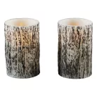 Livarno Home Dual Wood 2 darabos 12.5 x 7.8 cm valódi viasz LED gyertya fa hatással, 6 órás időzítővel, távirányítóval, melegfehér pislákolgó élethű gyertyaláng effektussal