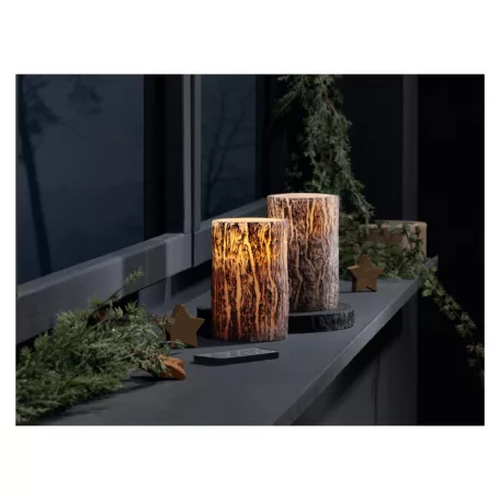 Livarno Home Dual Wood 2 darabos 12.5 x 7.8 cm valódi viasz LED gyertya fa hatással, 6 órás időzítővel, távirányítóval, melegfehér pislákolgó élethű gyertyaláng effektussal