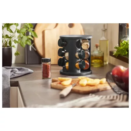 Livarno Home 10 részes forgó, 360°-ban elforgatható, elegáns design fűszertartó készlet 9 db 85 ml-es, szórófejes fűszer tároló üveggel, tartóval