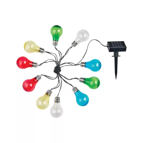 Livarno Home Solar Bulb IP44 kültéri napelemes (szolár) filament izzós fényfüzér 5m, 10 db izzó, 50 db melegfehér / színes LED