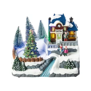   Livarno Home Christmas Tree karácsonyi falu, 8 LED-es világító, zenélő jelenet forgó fenyőfával 200 x 150 x 155 mm