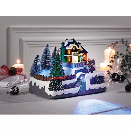 Livarno Home Christmas Tree karácsonyi falu, 8 LED-es világító, zenélő jelenet forgó fenyőfával 200 x 150 x 155 mm
