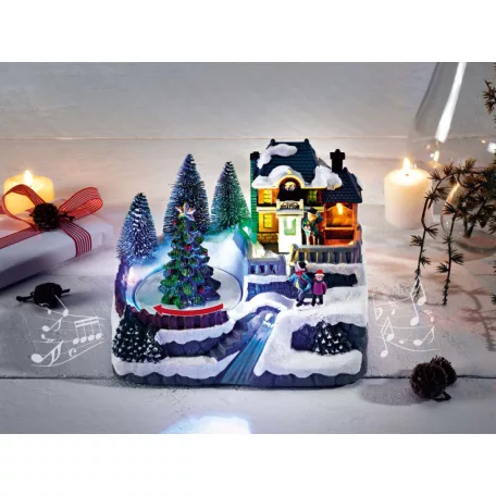 Livarno Home Christmas Tree karácsonyi falu, 8 LED-es világító, zenélő jelenet forgó fenyőfával 200 x 150 x 155 mm