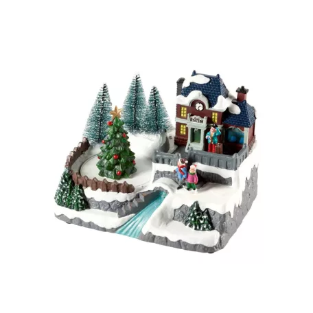 Livarno Home Christmas Tree karácsonyi falu, 8 LED-es világító, zenélő jelenet forgó fenyőfával 200 x 150 x 155 mm