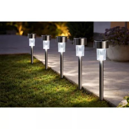 Livarno Home Permium XL 36 cm 5 darabos inox (nemesacél) hidegfehér 9000K napelemes kerti szolár lámpa szett, solar lámpa készlet (LED Lights Set)