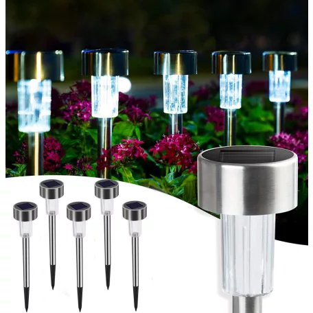 Livarno Home Permium XL 36 cm 5 darabos inox (nemesacél) hidegfehér 9000K napelemes kerti szolár lámpa szett, solar lámpa készlet (LED Lights Set)