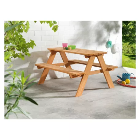 Livarno Home 89 x 79 x 50 cm fa kerti gyermek ülőgarnitúra, piknik pad szett, natúr fa asztalka padokkal, 100 kg teherbírásal