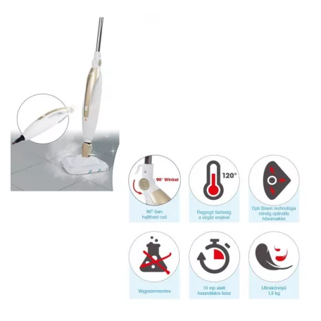 MediaShop Livington Prime M16625 Steam Mop, 10 az 1-ben multifunkciós gőztisztító, gőzölős padlótisztító 1300W, fehér - arany