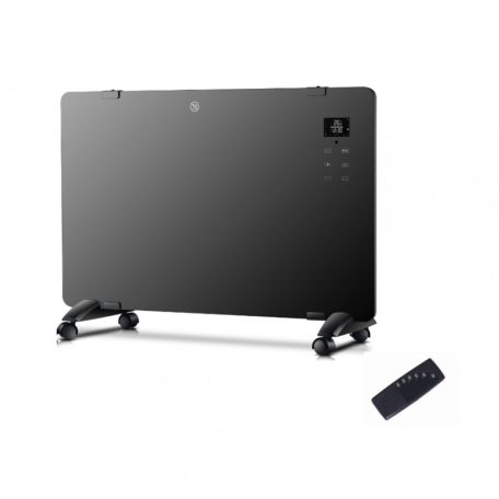 LUX Hova 2000W álló / fali (falra szerelhető) üveglapos fűtőpanel hősugárzó, elektromos digitális, fekete üveglapos hősugárzó távirányítóval, LCD kijelzővel