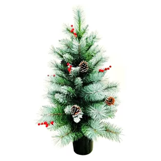   X-MAS Berries MD-90TH 90 cm havas, tobozos asztali (mini) műfenyő 85 ággal, 2D + 3D kevert tűlevéllel, toboz, műhó és fagyöngy díszítéssel, cserépben