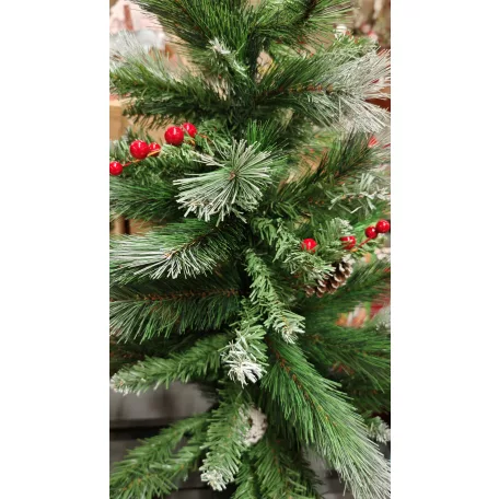 X-MAS Berries MD-90TH 90 cm havas, tobozos asztali (mini) műfenyő 85 ággal, 2D + 3D kevert tűlevéllel, toboz, műhó és fagyöngy díszítéssel, cserépben