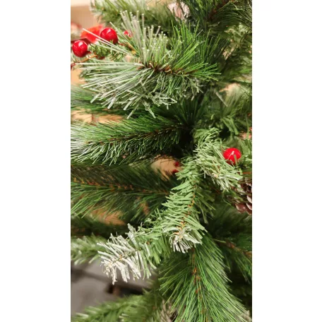 X-MAS Berries MD-90TH 90 cm havas, tobozos asztali (mini) műfenyő 85 ággal, 2D + 3D kevert tűlevéllel, toboz, műhó és fagyöngy díszítéssel, cserépben