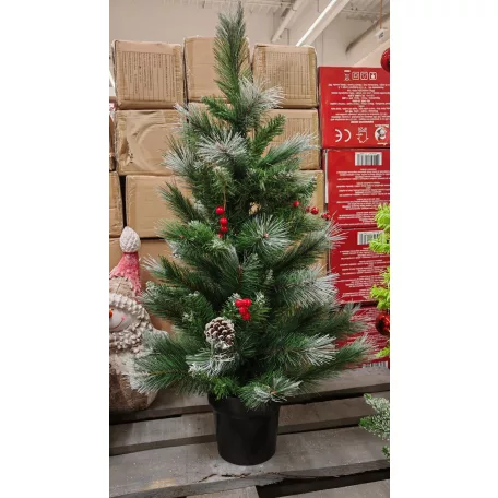 X-MAS Berries MD-90TH 90 cm havas, tobozos asztali (mini) műfenyő 85 ággal, 2D + 3D kevert tűlevéllel, toboz, műhó és fagyöngy díszítéssel, cserépben