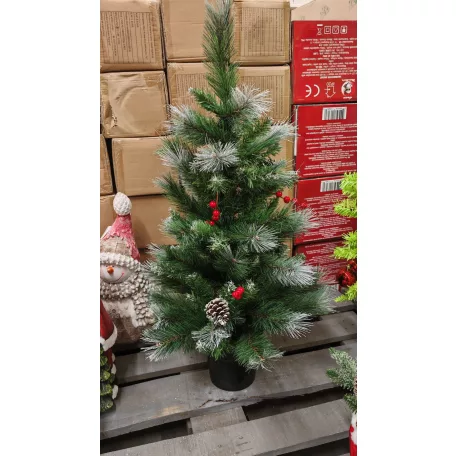 X-MAS Berries MD-90TH 90 cm havas, tobozos asztali (mini) műfenyő 85 ággal, 2D + 3D kevert tűlevéllel, toboz, műhó és fagyöngy díszítéssel, cserépben