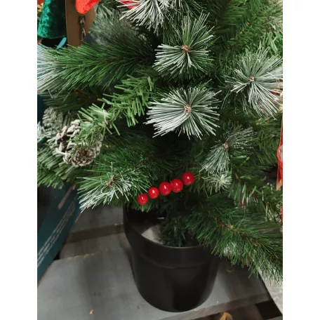 X-MAS Berries MD-90TH 90 cm havas, tobozos asztali (mini) műfenyő 85 ággal, 2D + 3D kevert tűlevéllel, toboz, műhó és fagyöngy díszítéssel, cserépben