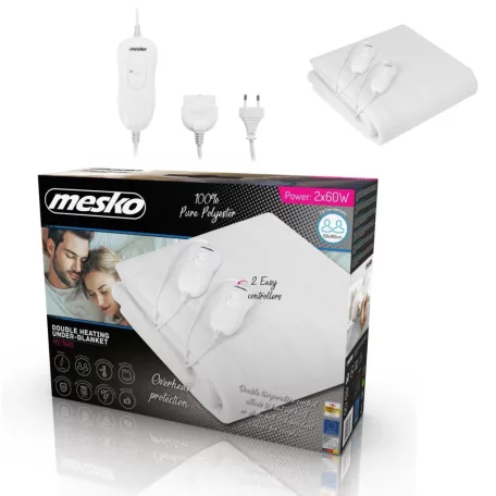 MESKO 150 x 160 cm polyester, dupla, készszemélyes fűthető elektromos ágymelegítő takaró 120W (2 x 60W), két levehető vezérlővel, mosható (MS 7420)
