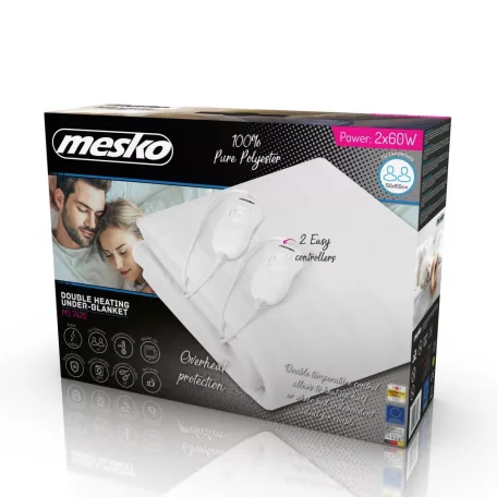 MESKO 150 x 160 cm polyester, dupla, készszemélyes fűthető elektromos ágymelegítő takaró 120W (2 x 60W), két levehető vezérlővel, mosható (MS 7420)