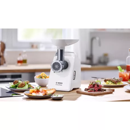 Bosch MFW3520W CompactPowert 500W / 1500W elektromos húsdaráló, 1.8 kg/perc kapacitással, kolbásztöltő tartozékkal