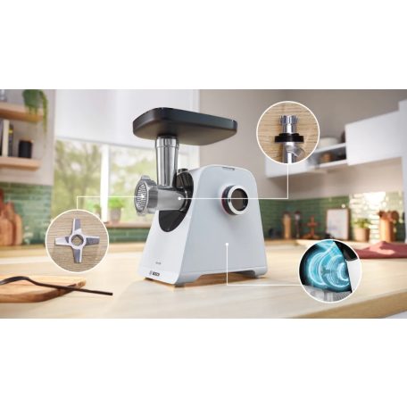 Bosch MFWS420W MultiPower Serie 4 Food Mincer 500W / 1900W elektromos húsdaráló, 2.5 kg/perc kapacitással, 3 mm / 8 mm tárcsával és kolbásztöltő tartozékkal