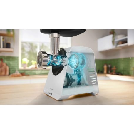 Bosch MFWS420W MultiPower Serie 4 Food Mincer 500W / 1900W elektromos húsdaráló, 2.5 kg/perc kapacitással, 3 mm / 8 mm tárcsával és kolbásztöltő tartozékkal