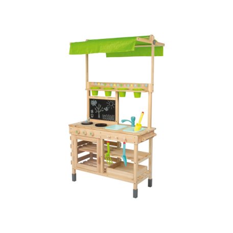 PlayTive Mud Kitchen Premium 77 x 135 x 50 cm kültéri - kerti fa játékkonyha, sárkonyha, babakonyha fából, mosogatóval, főzőlappal, polcokkal és rajztáblával