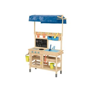   PlayTive Mud Kitchen Blue Premium 82 x 135 x 50 cm kültéri - kerti fa játékkonyha, sárkonyha, babakonyha fából, mosogatóval, főzőlappal, polcokkal, vödrökkel és rajztáblával, kék ponyva tetővel