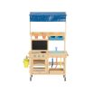   PlayTive Mud Kitchen Blue Premium 82 x 135 x 50 cm kültéri - kerti fa játékkonyha, sárkonyha, babakonyha fából, mosogatóval, főzőlappal, polcokkal, vödrökkel és rajztáblával, kék ponyva tetővel