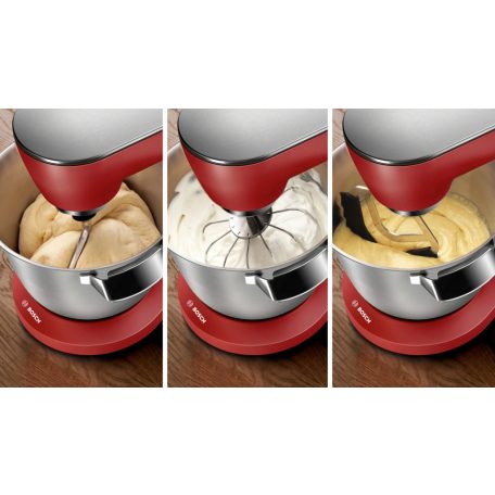 Bosch MUM9A66R00 OptiMUM 1600W 5.5L piros (vörös) fémházas konyhai robotgép, dagasztógép, nemesacél habverővel, tésztakeverővel és dagasztó horoggal