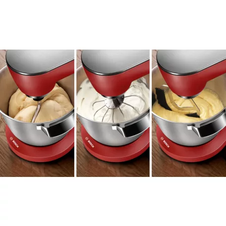Bosch MUM9A66R00 OptiMUM 1600W 5.5L piros (vörös) fémházas konyhai robotgép, dagasztógép, nemesacél habverővel, tésztakeverővel és dagasztó horoggal
