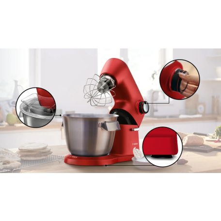 Bosch MUM9A66R00 OptiMUM 1600W 5.5L piros (vörös) fémházas konyhai robotgép, dagasztógép, nemesacél habverővel, tésztakeverővel és dagasztó horoggal