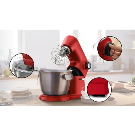 Bosch MUM9A66R00 OptiMUM 1600W 5.5L piros (vörös) fémházas konyhai robotgép, dagasztógép, nemesacél habverővel, tésztakeverővel és dagasztó horoggal