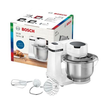 Bosch MUMS2EW00 Serie 2 univerzális 700W 3.8L nemesacél inox keverőtálas fehér konyhai robotgép, dagasztógép, nemesacél habverővel, tésztakeverővel és dagasztó horoggal