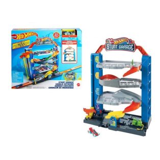   Mattel Hot Wheels Stunt Garage 4 szintes, hordozható, műanyag trükkös garázs, parkoló lifttel, kaszkadőrgarázs pályaszett 1 db kisautóval (GNL70 )