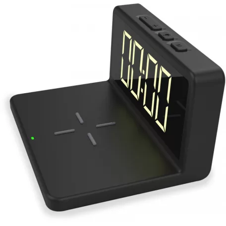 Mebus 56874 asztali digitális óra ébresztőóra, beépített 10W vezeték nélküli töltővel (mobiltelefon töltő), USB kimenettel, szabályozható fényerővel